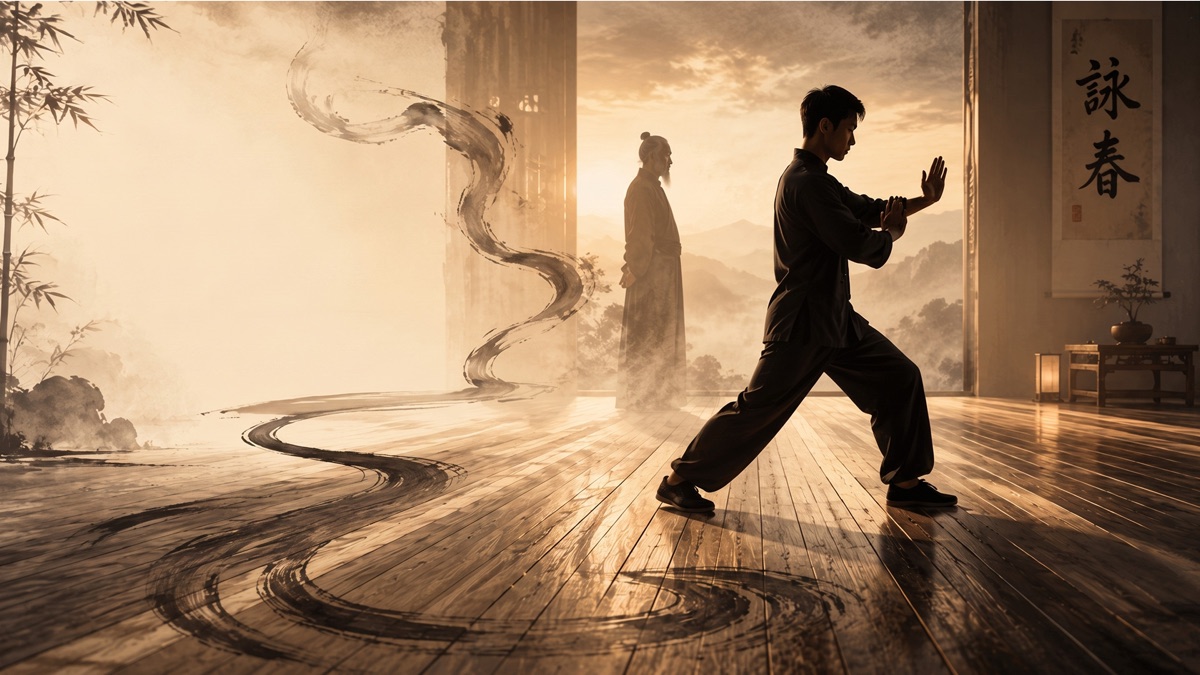 Un pratiquant en garde, silhouette face à un maître, dans un kwoon empreint de calligraphie et de brume.