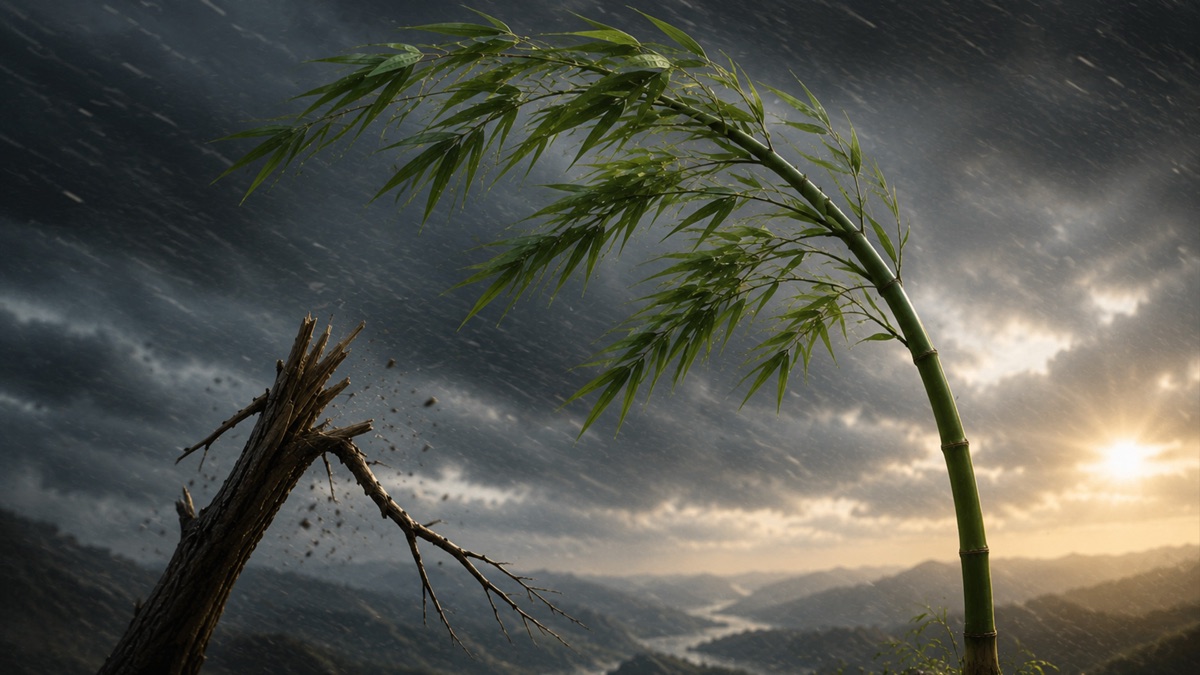 Un bambou plié par le vent et la pluie reste intact, quand une branche rigide s'est brisée — l'image du relâchement.